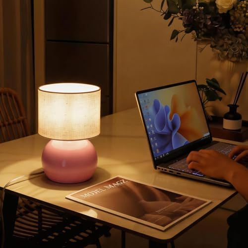Modern Pink Table Lamp, Small Bedside Nightstand Light, 6.2X6.2X10.4 Inch, with Linen Shade and Included LED Bulb, for Bedroom Living Room - Image 5