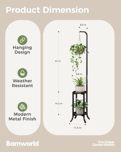 Bamworld Tall Plant Shelf Outdoor Space-Saving Metal Plant Holder Black(2PCS) - Image 2