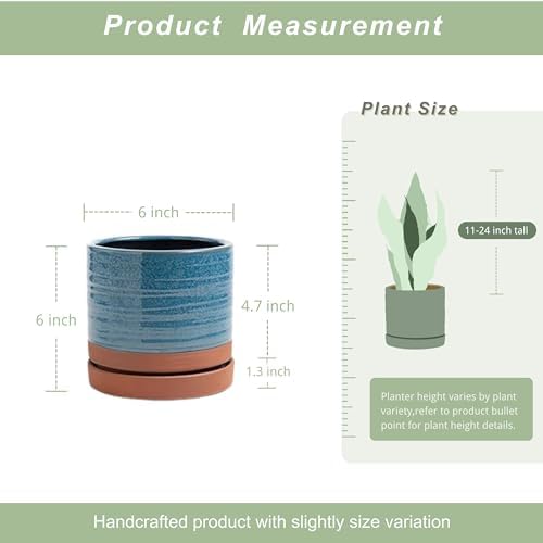 HERDUK 6 Inch Plant Pots, Ceramic Planter Pot with Drainage Hole & Saucer, Indoor/Outdoor Cylinder Round Planter Pot, Aqua Blue & Terracotta Red - Image 3