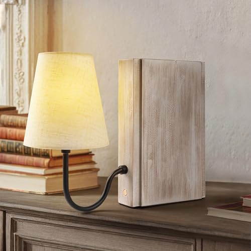 AELS Solid Wood Bookshelf Lamp with Bulb, Cordless Rechargeable Touch Dimmable Table Lamp with Linen Fabric Shade, Modern Decorative Bookend Lamp for Bedroom, Office & Bookshelf Decor, White - Image 2