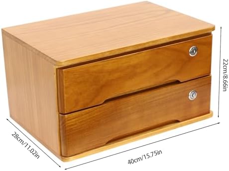 2-Tier Desktop Storage Box with Lockable Drawer, Wooden Desk Organizer for Office Supplies, Flat File Cabinet, Minimalist Design for Home & Office Use(Wooden+Yellow) - Image 3