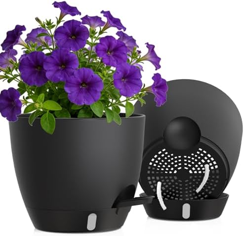 Self Watering Pots with Drainage Holes, 2 Pack 10 Inch Plant Pots with Water Level Indicator Deep Reservoir, Large Plastic Planter for Indoor Outdoor Plants - Black by KUGAZ