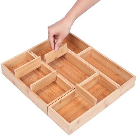 Bamboo Drawer Organizers Set with Removable Dividers, 5PCS Adjustable Multi-Use Wood Storage Organizers(5-9 Grids), Desk Drawer Tray for Bathroom, Office, Dresser, Storage Box for Jewelry, Makeup by Vincona