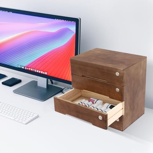 Wooden Desktop Storage Box with Lockable Drawers, Flat File Cabinet Drawer Desktop Storage Box, Countertop Storage Cabinet for Office Home Toiletries Supplies Vanity (Walnut, 4 Drawer) - Image 5