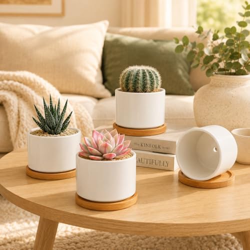ZOUTOG 4 Pack 3.1" Ceramic Succulent Pots,White Planter with Drainage Tray by ZOUTOG