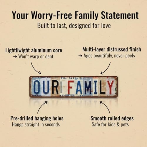 family wall decor Metal Tin Sign - Vintage Style Wall Art for Living Room 4x16 Inch, Farmhouse Kitchen Decor, Our Family Retro Metal Tin Sign Housewarming Gift - Image 3