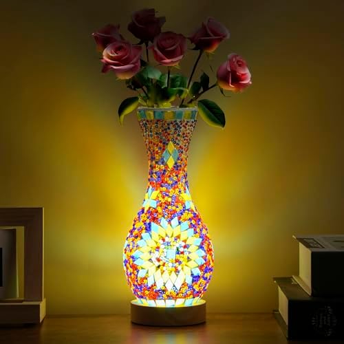 Mosaic Vase Lamp, Turkish Table Lamp with Wood Base, USB LED by JAITAIK