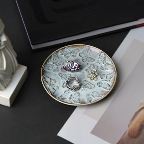 Ceramic Jewelry Dish, Decorative Tray for Rings Earrings Necklaces Bracelet Watch Keys, 4.50" Trinket Tray as Gifts for Women (Reactive Butterflies) - Image 3