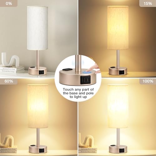Antique White Bedside Table Lamp, Dimmable Touch Lamp, USB A+C, AC Outlet - Image 2