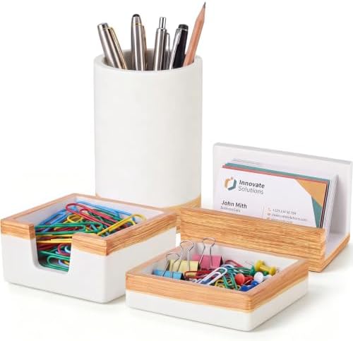 Set of 4 Modern Aesthetic Desk Accessories Organizer Set Minimalist Neutral Home Office Decor Desk Supplies for Men-Pen, Business Card Holder, Sticky Note, Paper Clip Holder(White) by Unknown