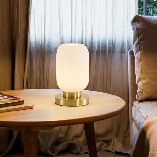 White Glass Table Lamp,Vintage Gold Base Ribbed Bedside Lamp - Image 2