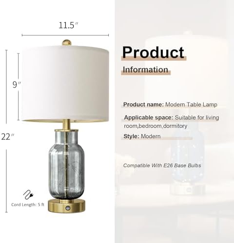 Oneach 22" Glass Table Lamps Set of 2 with LED Nightlight for Bedroom, Gray - Image 6