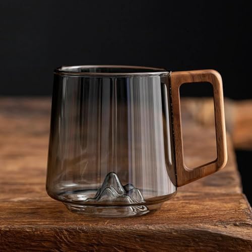 450ml Retro Mountain View Glass Mug, Wood Handle, Heatproof - Image 2
