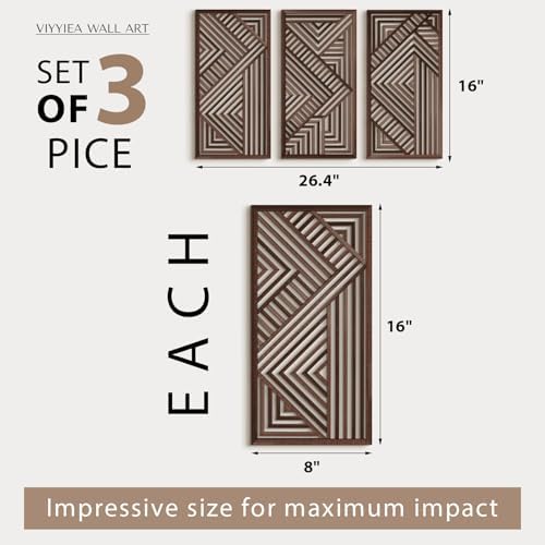 VIYYIEA Boho Solid Wood Carved Wall Art Set of 3, Geometric Minimalist Wooden Home Decor Panels, Handcrafted Solid Wood Wall Hanging for Living Room Bedroom Hallway, 16 x 8 Inch Each (Geometry II) - Image 2