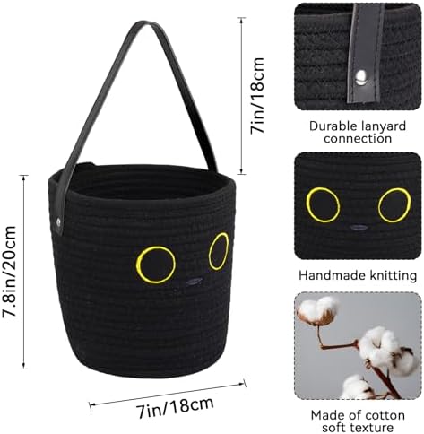 Black Cat Cotton Rope Basket - Cute Baby Woven Basket with Handle for Toys & Baby Stuff, Kawaii Nursery Decor, Baby Gift Box (7.8"x7") - Image 6
