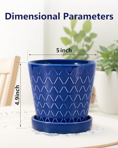 EFISPSS Ceramic Plant Pots, 5Inch Pots for Indoor Plants, Planters with Drainage Holes and Ceramic Tray,Plant Lover Gift, Desktop Office Windowsill Decoration Gift Set of 4 - Blue - Image 3