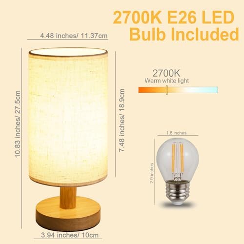 Small Bedside Table Lamp for Bedroom, Minimalist Wood Base & Round Fabric Shade, Mini Cute Cozy Warm White Nightstand Boho Lamp, Study Desk Night Stand Light for Room, Dorm, Nursery, Living Room - Image 3