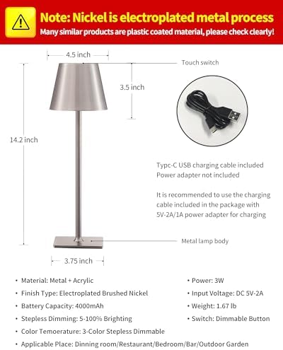 KDG 2 Pack Cordless Brushed Nickel Table Lamps, Portable LED Desk Lamp - Image 4
