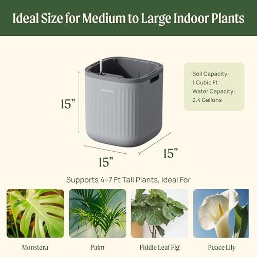 15 Inch Self-Watering Planter for Indoor Plants – Large Modern Plant Pot with Built-In Water Reservoir, Ideal for Monstera, Fiddle Leaf Fig, Palms & Peace Lily, Without Trellis (2, Fog Gray) - Image 2