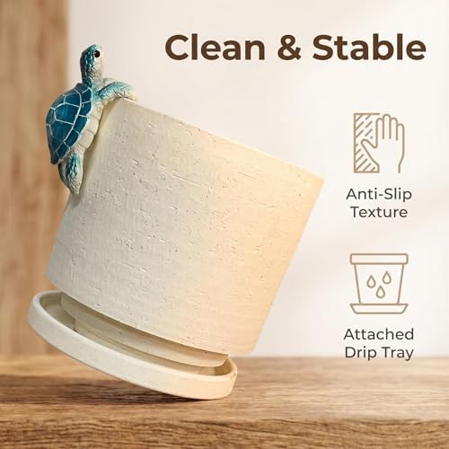 Ceramic Plant Pot with Resin Climbing Tortoise Figure, 5.75 Inch,White - Image 3