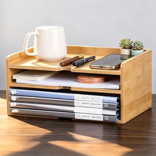 Bamboo Desk File Organizer, Stackable A4 Paper Tray Mail Holder for Office by GroveMindooOfficeStorage