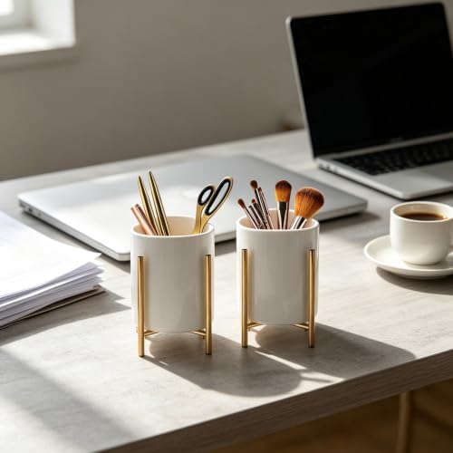 Gold pencil cup Sturdy metal frame with white ceramic pen holder For desks and kitchen appliance holders - Image 3
