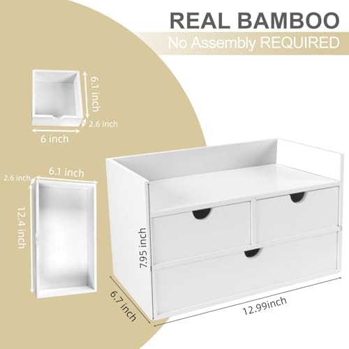 Charmewooden Bamboo Desk Organizer 3 Drawer with Shelf, Countertop Organizer with Drawers Makeup Storage Drawer 3 Drawers Tabletop Storage Organization Box Home Office Workspace（White） - Image 2