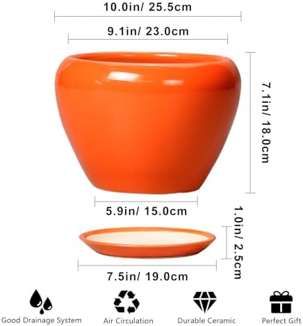 Ceramicfor Ceramic Pot for Plants - 10 Inch Plant Pot with Drainage Hole and Saucer, Modern Round Glaze Planter for Indoor Outdoor Plants, Plant Lover Gifts, Home Garden Office Decor, Orange - Image 3
