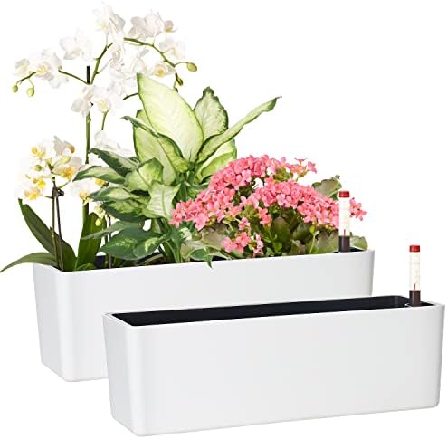 Elongated Self Watering Planter Pots 2-Pack Window Box 5.5 x 16 inch Indoor Home Garden Modern Decorative Planter Pot for All House Plants Flowers Herbs (White,2) by GardenBasix