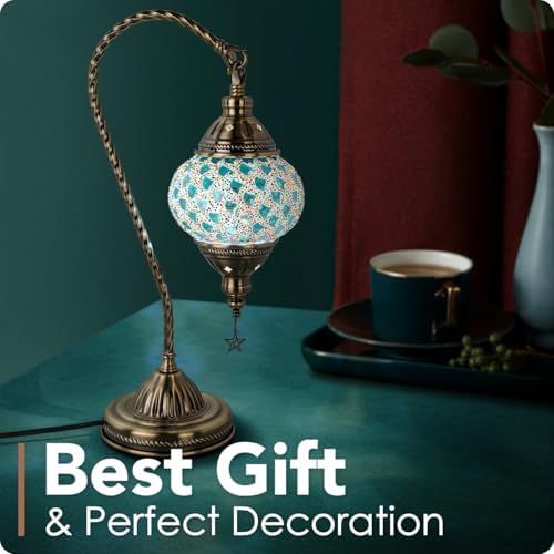 Yarra-Decor Turkish Moroccan Lamp with Bronze Base 3 Color Options Handmade Swan Neck Mosaic Glass Bedside Lamps for Bedroom (LED Bulb Included)(Colorful4) - Image 4