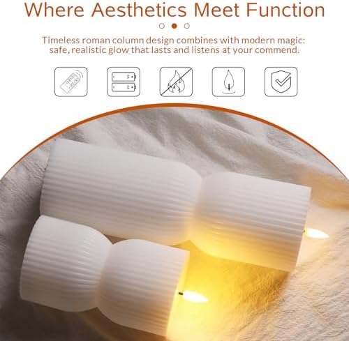 White Ribbed Flameless Pillar Candles with Remote Set of 2 - Image 4