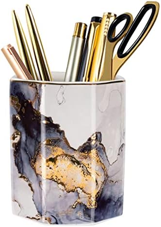 Ceramic Pen Holder for Desk Cute, Pencil Cup Pot Desk Organizer, Makeup Brush Holder for Women, Men, Kids, Desk Marble Decor for Office, Classroom, Home, Gray Golden by WAVEYU