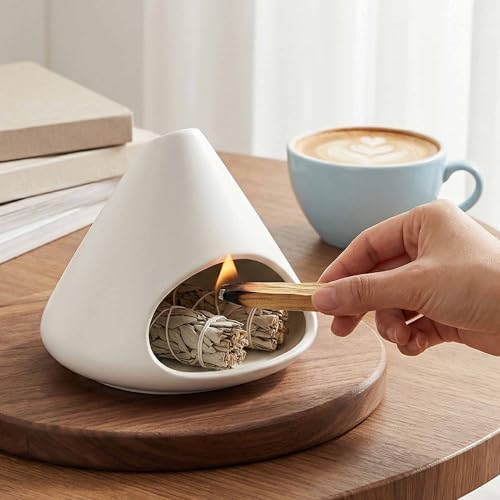 Ceramic Palo Santo Holder Incense Burner with Chimney, White - Image 5