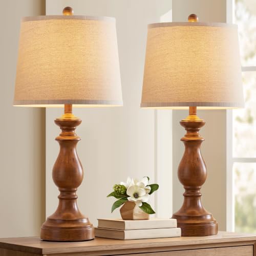 PARTPHONER Traditional Table Lamp Set of 2, Rustic Farmhouse Table Lamps for Living Room Bedroom, 27" Bedside Desk Lamps Vintage Nightstand Lamps with Linen Shades, Wood Grain by PARTPHONER