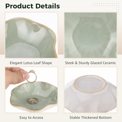 9 Pcs Ceramic Jewelry Dishes, Lotus Leaf Ring Dishes, Small Trinket Trays, Green Pottery Plates, Gold-Trimmed Jewelry Holders, Cute Key Bowls for Nightstand Decor - Image 4