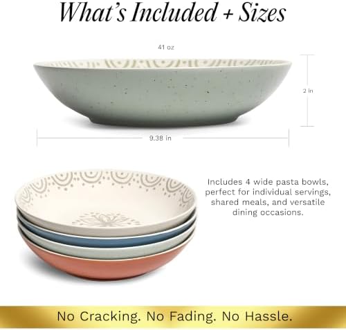 Sango 4-Piece Speckled Stoneware Pasta Bowl Set- Wide Shallow Dinner Bowls with Hand-Painted Rustic Design, Farmhouse Glossy Large Ceramic Bowls for Pasta, Salad & Everyday Meal, Siterra Glazed Garden - Image 4