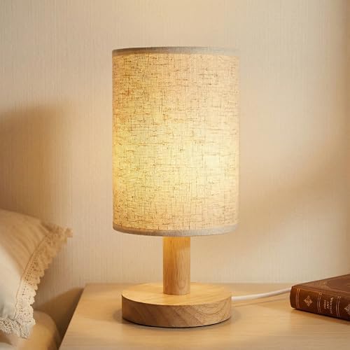 Small Bedside Table Lamp,USB Powered,Wood Base & Fabric Shade, Warm Light by PuziphaTableLamp