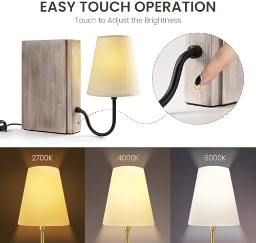 AELS Solid Wood Bookshelf Lamp with Bulb, 3-Color Touch Control Dimmable Table Lamp with Linen Shade, Modern Decorative Bookend Lamp for Bedroom, Office & Bookshelf Decor, White - Image 3