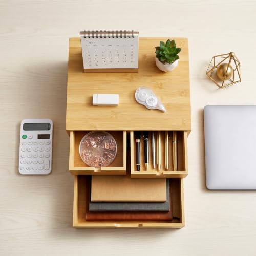 DEAYOU Bamboo Desk Organizer, 100% Natural Bamboo Desktop Drawer Organizer, Tabletop Storage Cabinet Organization Box with 3 Drawers for Home Office Supplies, Makeup, Letter, 2-Layer, Fully Assembled - Image 2