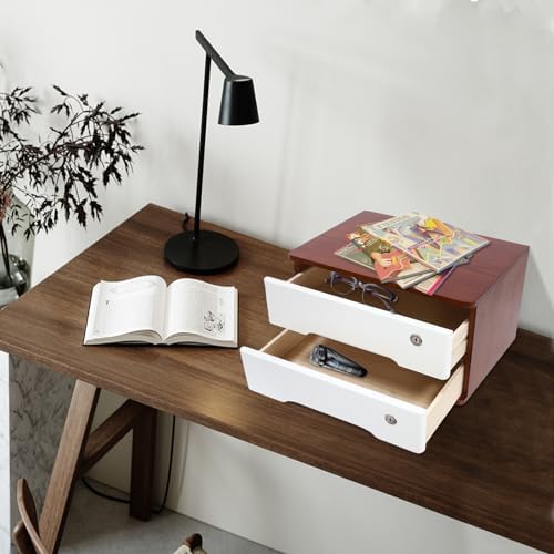 2-Tier Desktop Storage Box with Lockable Drawer, Wooden Desk Organizer for Office Supplies, Flat File Cabinet, Minimalist Design for Home & Office Use(Walnut+White) - Image 2