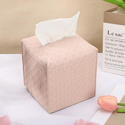 HOMOTEK 1 Pack Tissue Box Cover, Square PU Leather Tissue Holder, Decorative Facial Tissue Cube Paper Organizer Dispenser for Bathroom, Night Stands, Desk, Car 5X5X5'' - Rattan Weave, Macaron Pink by HOMOTEK