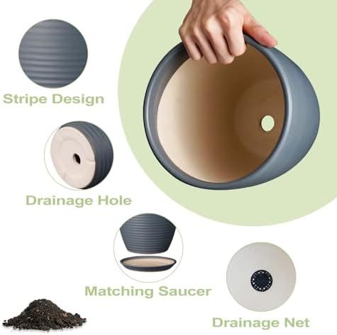 8 Inch Ceramic Plant Pot Large Planter Pot for Plants Indoor Outdoor Glaze Flower Pot with Drainage Hole and Saucer Gray - Image 5