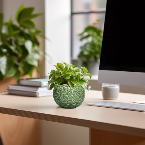 Ceramic Plant Pots - 4 inch Plant Pot with Drainage Hole, Small Pots for Plants Indoor Outdoor, Unique Round Planter, Modern Decorative Flower Pot, Room Decor, House Warming Gifts, Green - Image 3