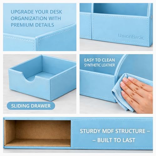 UnionBasic Desk Organizer - Multifunctional Leather Desktop Pen Holder Storage Box - Business Card/Pen/Pencil/Mobile Phone/Stationery Holder, Blue - Image 2