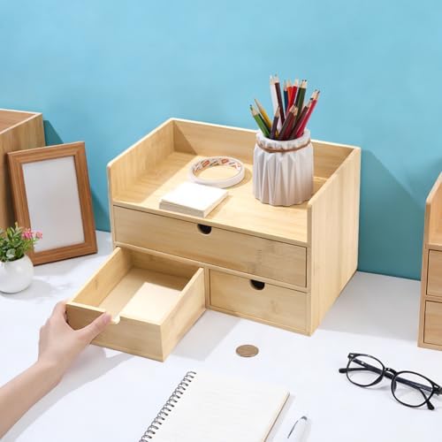 AHANDMAKER Bamboo Desk Organizer, Desktop Drawer Organizer Countertop Storage Box for Home Office Makeup Letter File Storage Organization, No Assembly Required (3 Drawers with Shelf) - Image 3