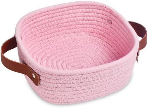 ABenkle Small Storage Basket, Mini Baskets, Cute Rope Woven Baskets for Organizing, Square Shelf Storage with Handle, Boho Decorative Toy Bin for Nursery, Spa, Empty Gift Basket - XS, Pink by ABenkle