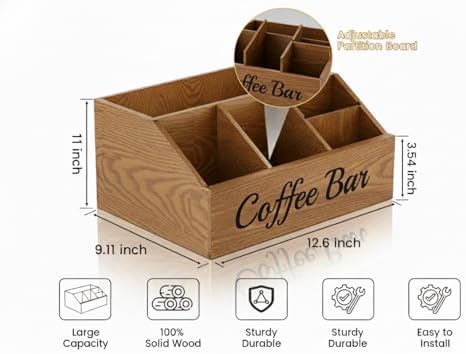 Coffee Station Organizer for Countertop – Wooden Coffee Bar Organizer with Adjustable Dividers,Holds K Cup Pod & syrup bottles, for Kitchen, Office, or Bar and Tea Station, Brown - Image 4