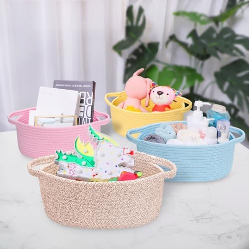 ABenkle Small Basket with Handles, Boho Decorative Rope Woven Dog Cat Toy Storage Bin Shelf Storage Organizer, Easter Christmas Gift Basket, 12"x8"x5" - Image 4