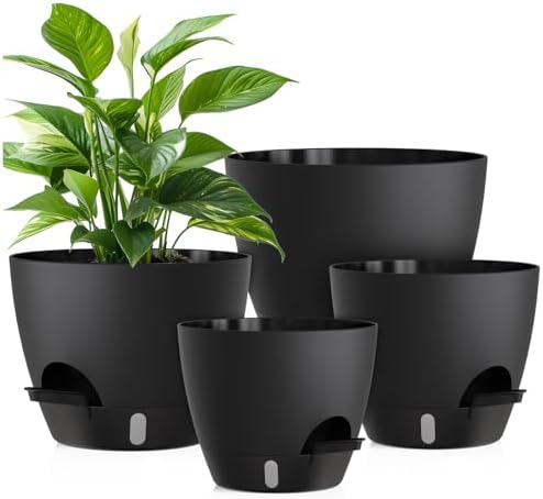 Plant Pots, 4 Pack 12/10/9/8 Inch Self Watering Pots with Drainage Holes, Water Level Indicator Deep Reservoir, Large Planters for Indoor Outdoor Plants - Black by KUGAZ