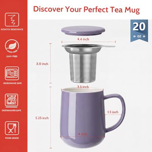 Sweese 20 oz Porcelain Tea Mug with Infuser and Lid, Purple Tea Cup - Image 2